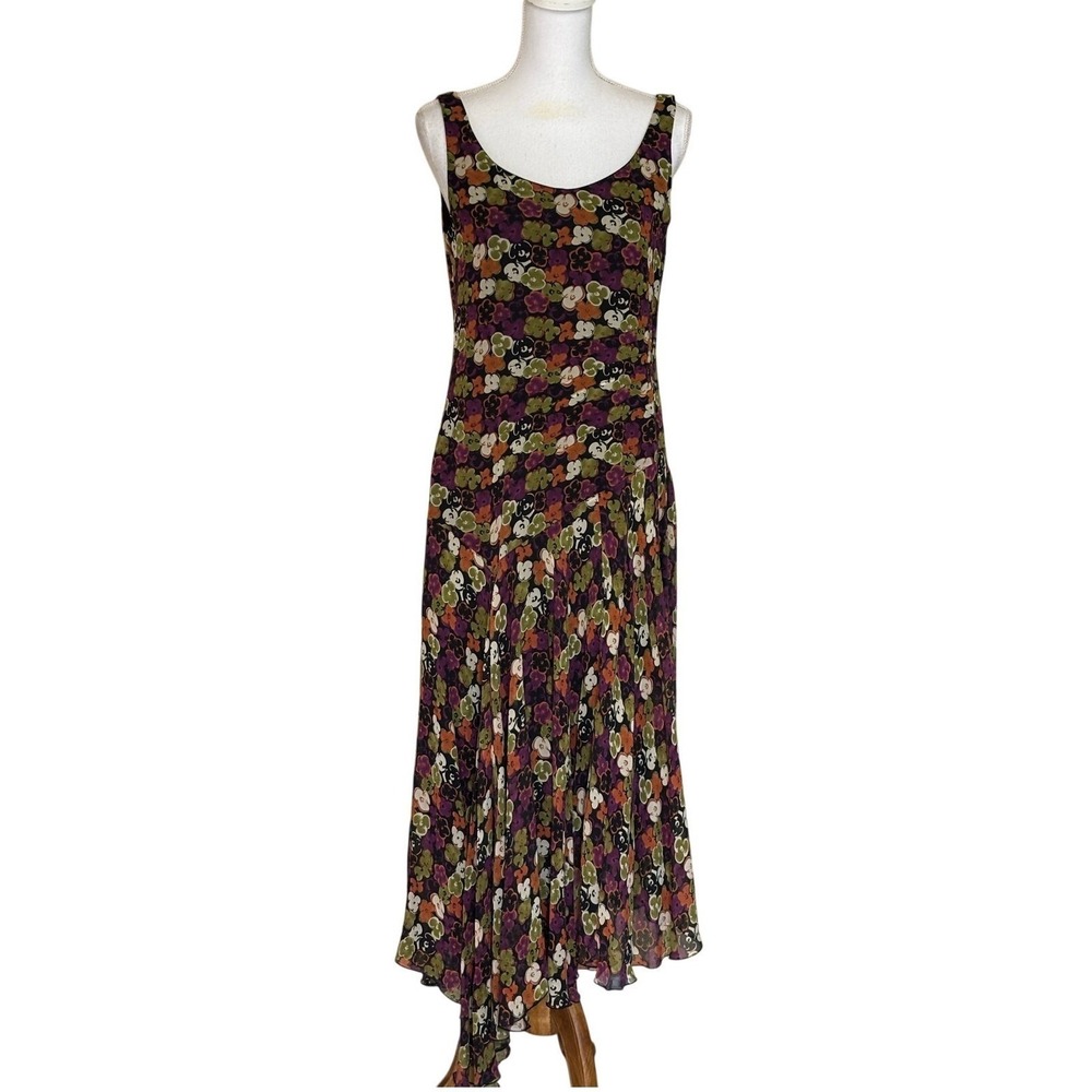 Jones NY 100% Silk Floral Handkerchief Hem Maxi dress Romantic Boho Size 8